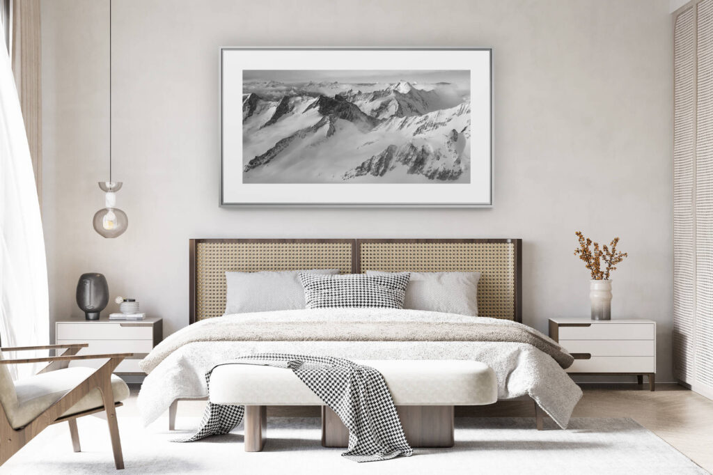decorating a room in a renovated Swiss chalet - large panoramic mountain photo - Alps glacier Oberland - panoramic photo of the Bernese mountains in black and white