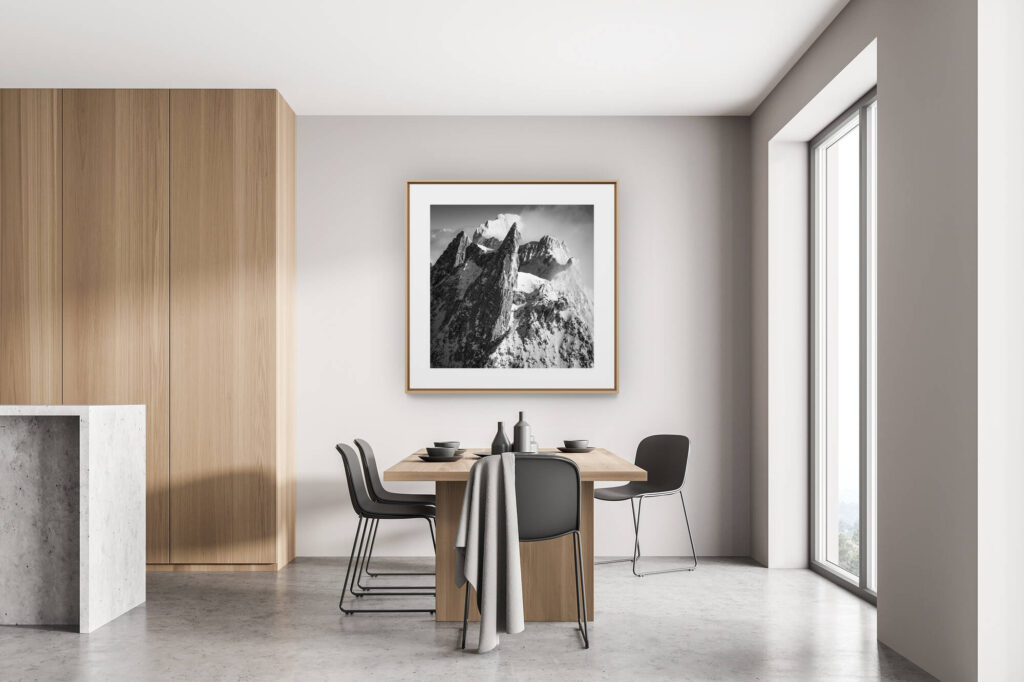 modern decoration renovated kitchen swiss chalet - mountain photo - The Dent du Géant - photo massif mont blanc in black and white and summits  Grandes Jorasses  in the Alps