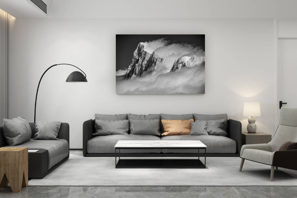 zeitgenössische Schweizer Wohnzimmerdekoration - Geschenk für Schweizer Bergliebhaber - Foto vom Mont Blanc - Mont-Blanc-Massiv schwarz-weiß - Grandes Jorasses und Calote Rochefort