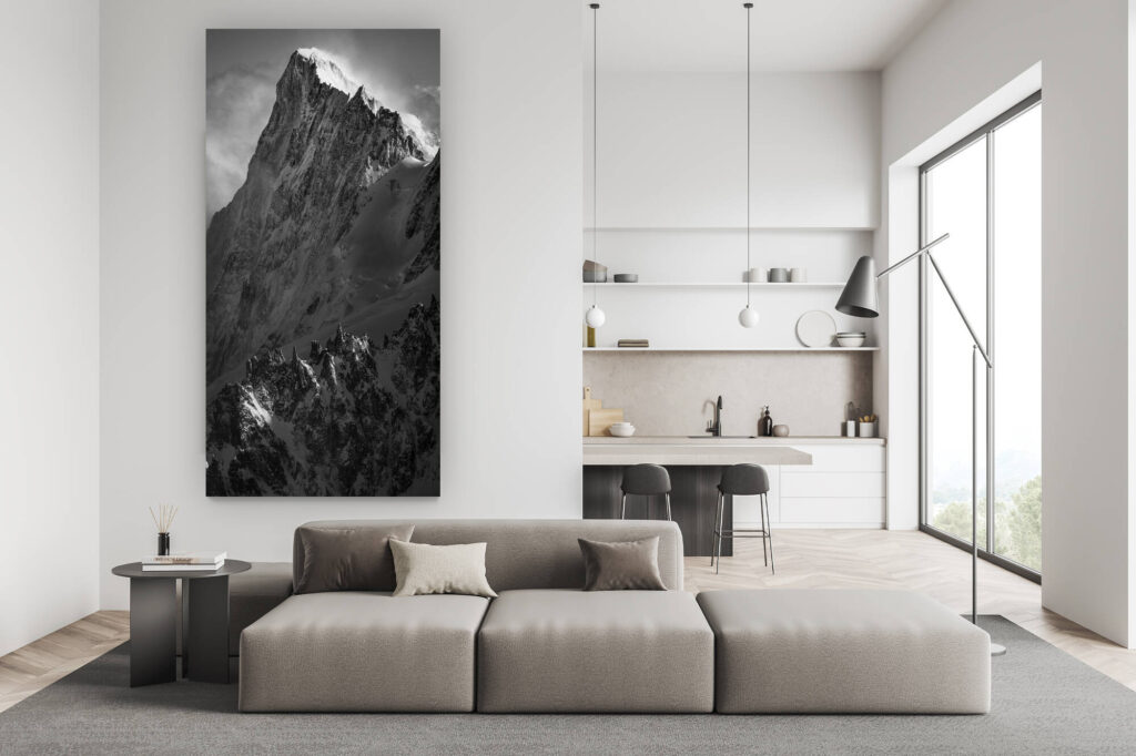 swiss living room decoration - black and white mountain picture - Grandes Jorasses - mountain picture north face grandes jorasses - mountain picture under snow