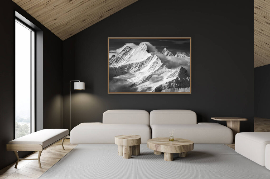 swiss chalet decoration - swiss chalet interior - large mountain picture - summit of the mountains of bernese alps black and white - Sunbeam in the clouds after a storm - Lauteraarhorn - Schreckhorn - Finsteraarhorn