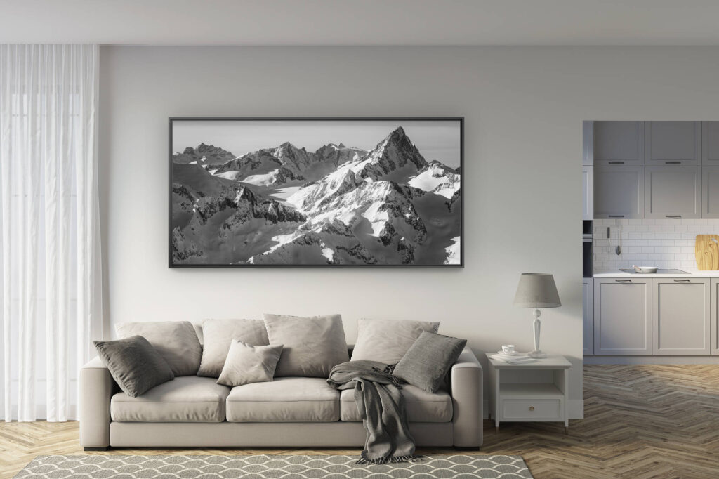 deco salon rénové - trend photo montagne grand format - Schwarz-weißes Panorama der Berge in den Berner Alpen in der Schweiz