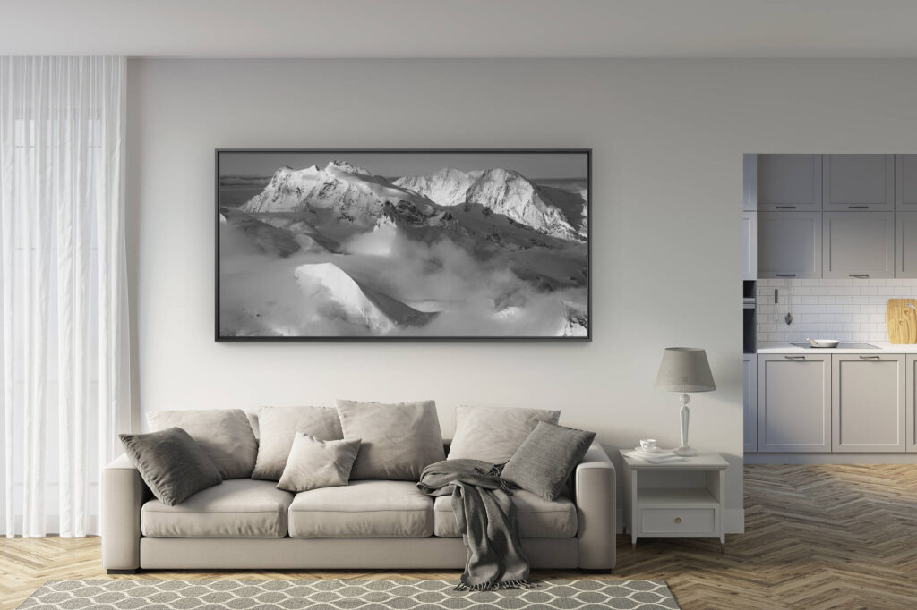 renovated living room - trendy mountain photo large size - Zermatt Saas Fee  Monte Rosa - Black and white mountain panorama photo board -