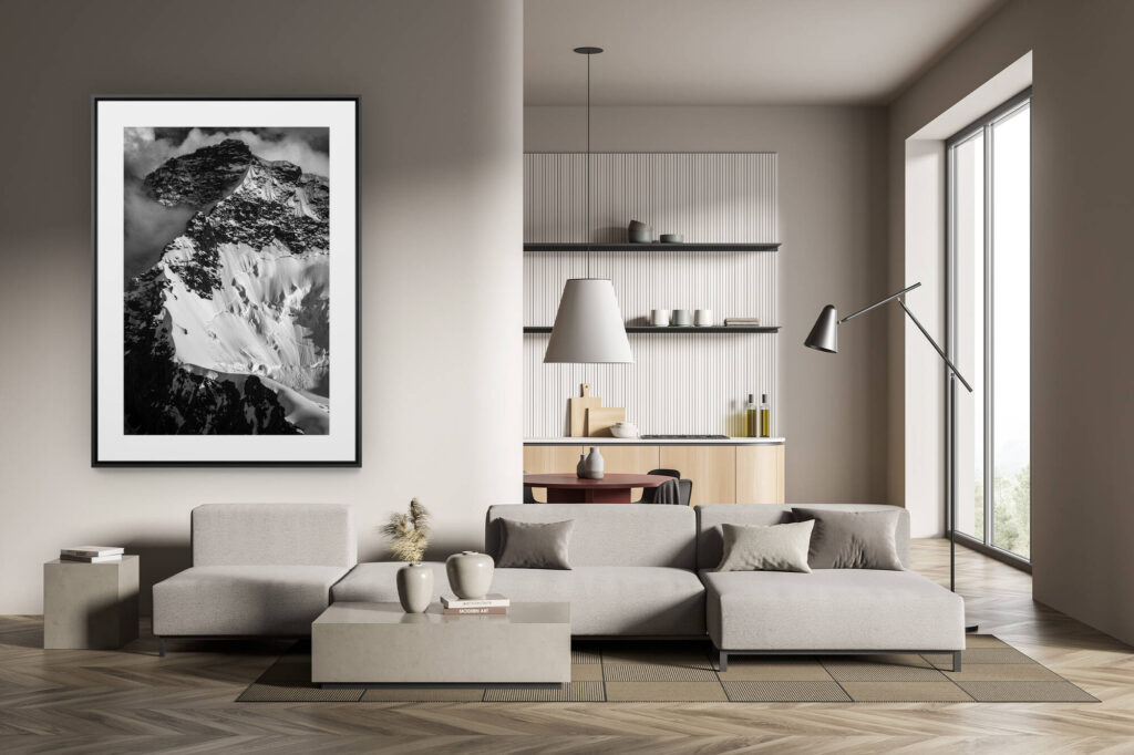 deco tendance salon moderne - photo montagne noir et blanc grand format - Photo montagne Valais suisse- roccia nera (Breithorn)