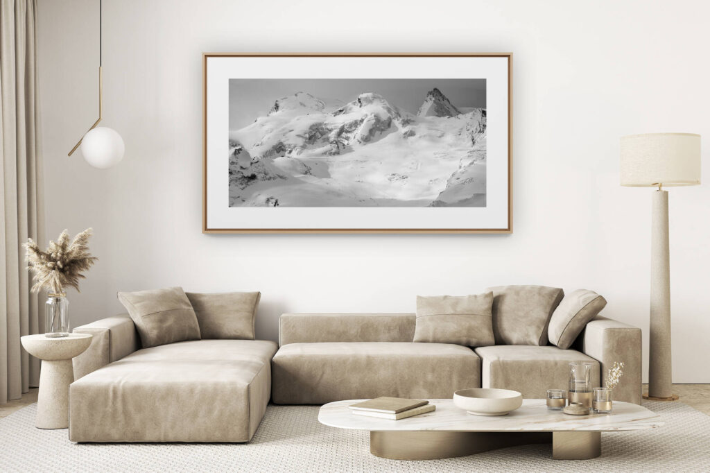 living room decoration Light - large mountain picture - Strahlhorn - Rimpfischhorn - Allalinhorn - black and white mountain landscape picture - american box picture frame