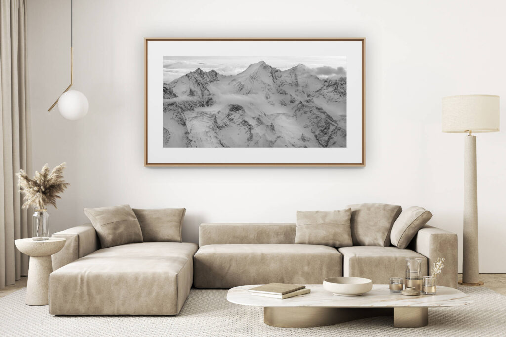 living room decoration Light - mountain photo large size - Panoramic photo of the mountains of Zermatt and glaciers of the Alps - Dom des Mischabels - Normal route - Domhütte