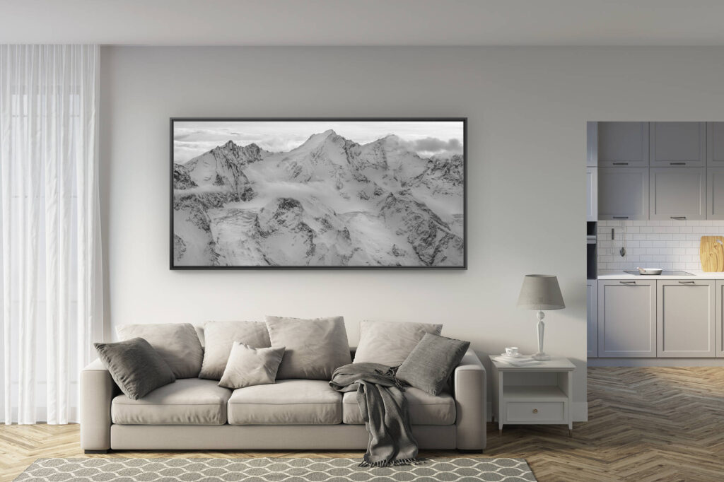 renovated living room - trendy mountain photo - panoramic photo of the mountains of Zermatt and glaciers of the Alps - Dom des Mischabels - Normal route - Domhütte