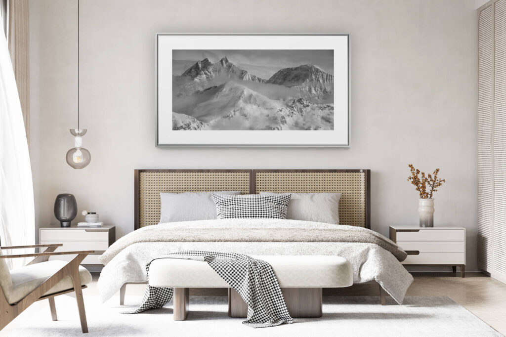 decorating a room in a renovated swiss chalet - panoramic mountain picture large size - Panorama of a snowy mountain fog in the Swiss Alps from Zermatt - Saas Fee and dom des Mischabels