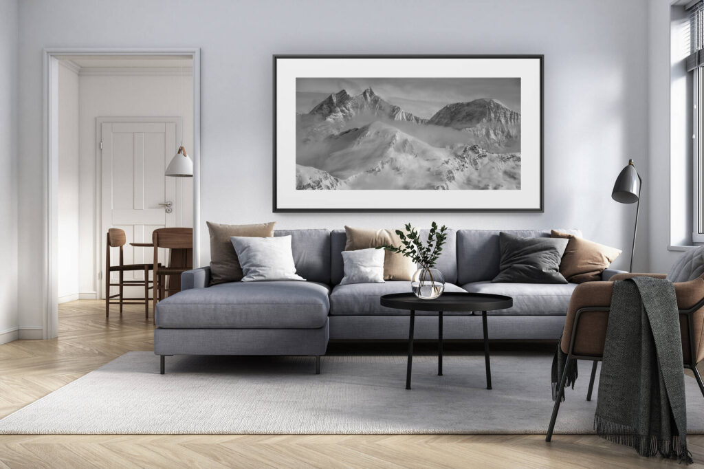interior decoration swiss living room - panoramic alps picture large size - Panorama of a snowy mountain fog in the Swiss Alps from Zermatt - Saas Fee and dom des Mischabels