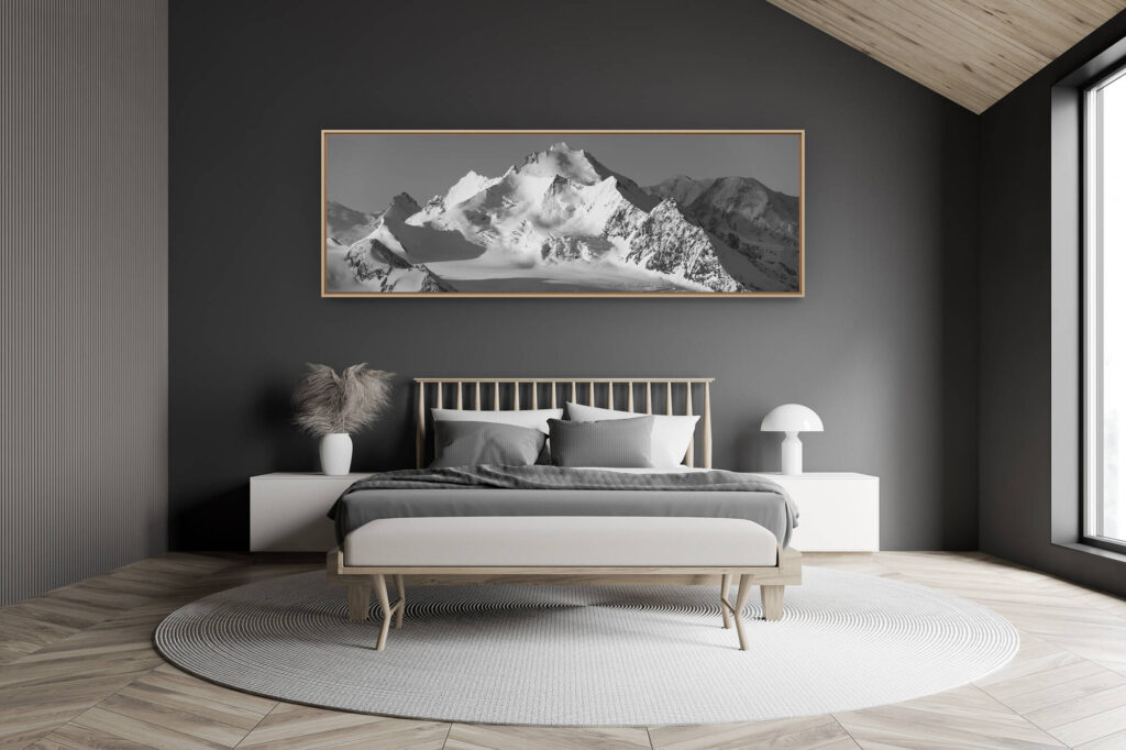 modern adult bedroom decoration in a small swiss chalet - large mountain picture - Mischabels - Saas Fee Crans Montana - black and white panoramic view of Mischabels domain
