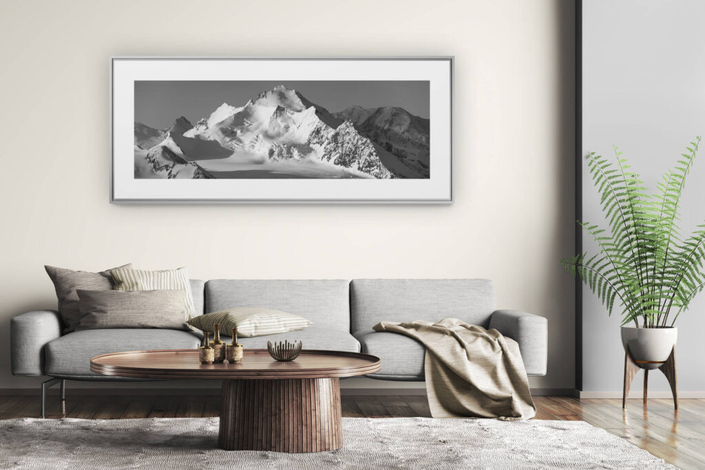 large size mountain picture - modern living room wall decoration - Mischabels - Saas Fee Crans Montana - photo of a black and white panoramic view of the Mischabels domain