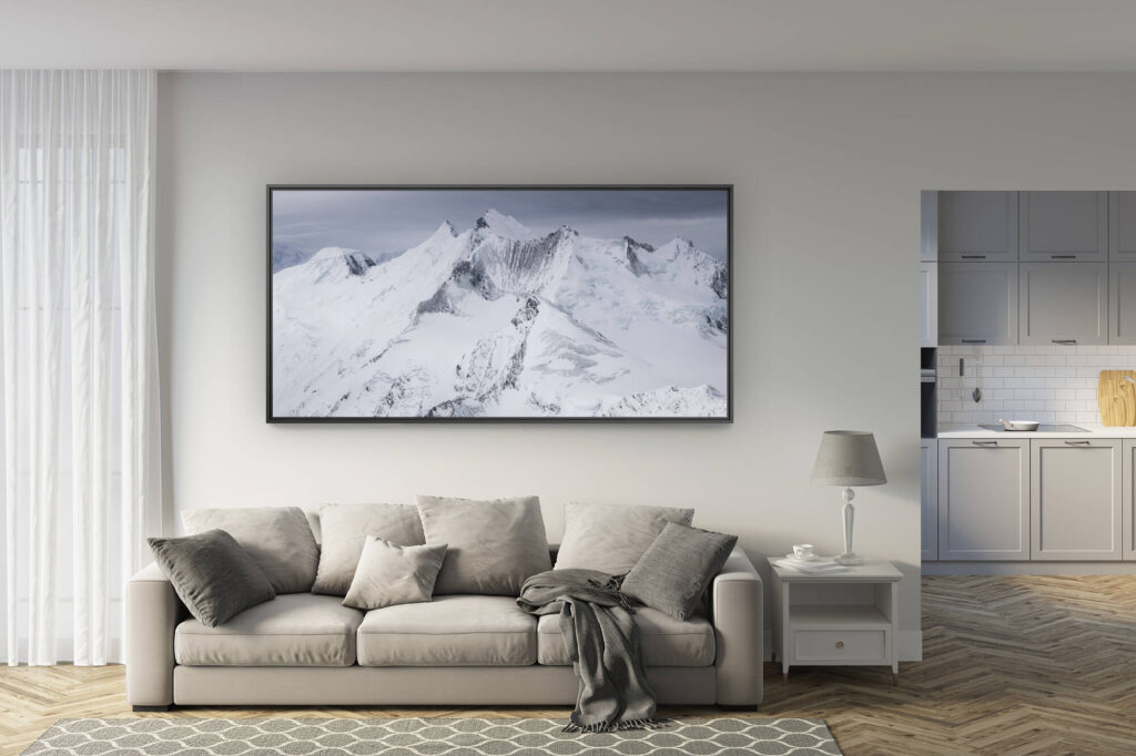 living room decoration - trendy large mountain pictures - Mischabels panoramic poster - black and white mountain panorama