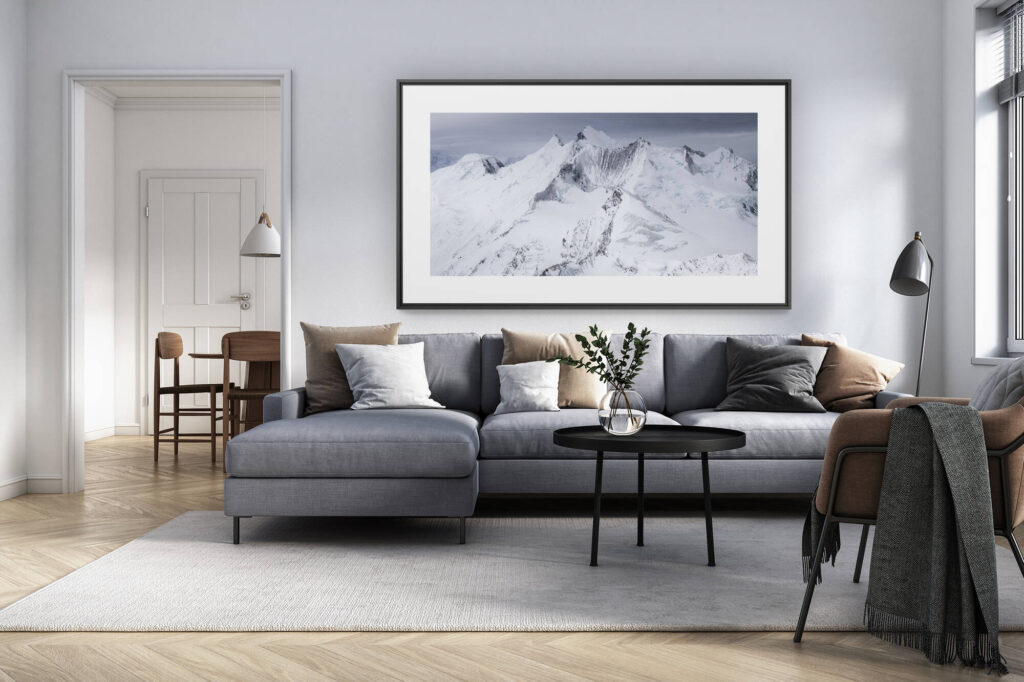 interior design living room renovated switzerland - panoramic alps picture large size - Poster panoramic Mischabels - black and white mountain panorama