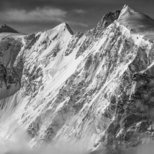 Black and white photograph of the Monte Rosa massif with Nordend, Dufourspitze, Zumsteinspitze, Gnifetti Point and Parrotspitze