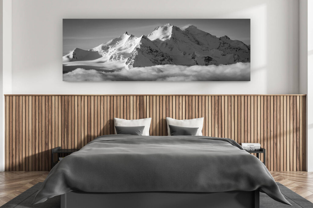 modern adult bedroom wall decoration - swiss chalet interior - large size mountain picture swiss alps - panorama landscape Mischabels black and white - panoramic mountain picture Saas Fee