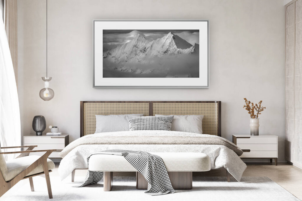 decorating a room in a renovated Swiss chalet - large panoramic mountain photo - Taschhorn - Dom - summit of the alps - summit of the mountains of Saas fee The Matterhorn