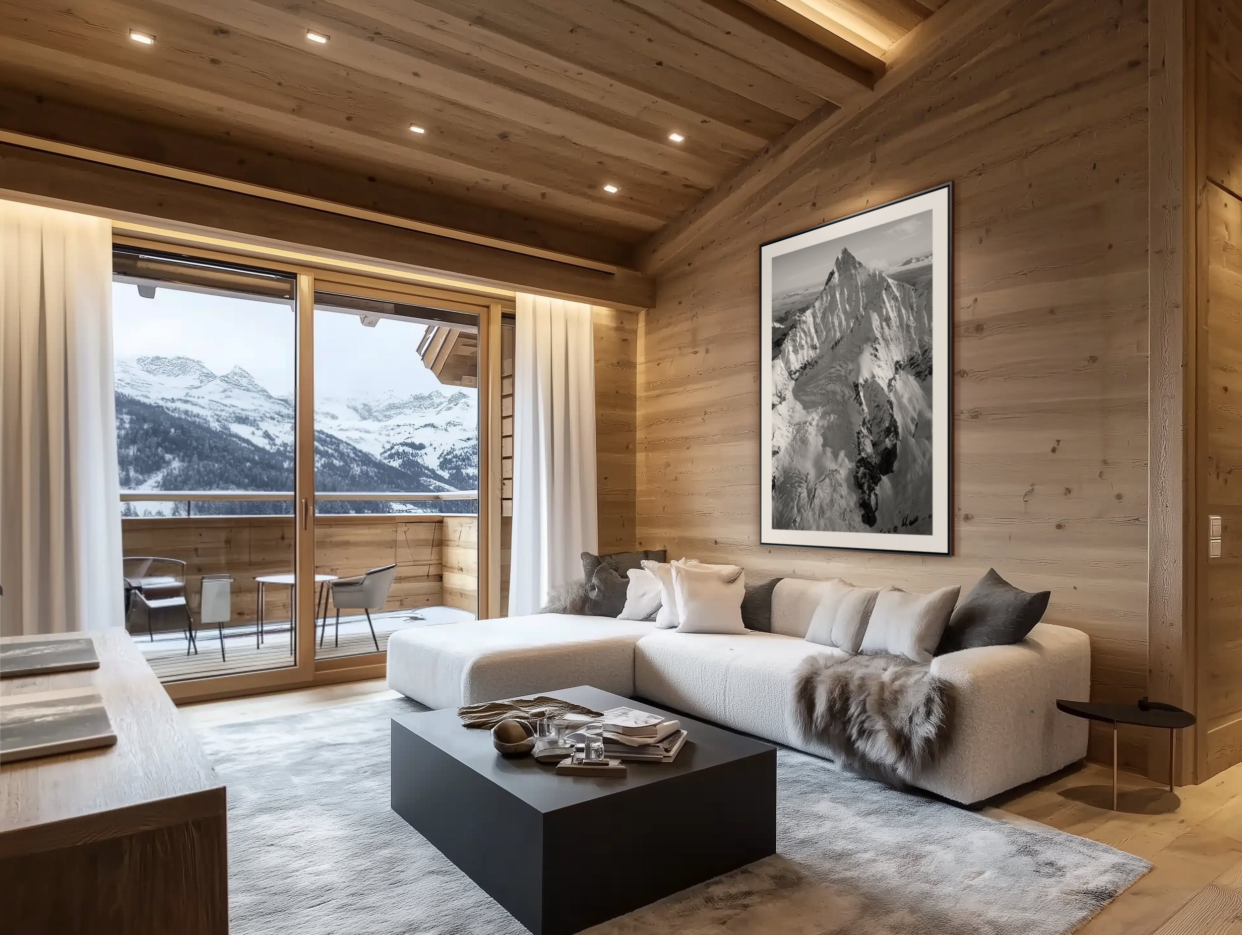 modern chalet living room decoration - small swiss chalet interior - large black and white mountain photo - Weisshorn