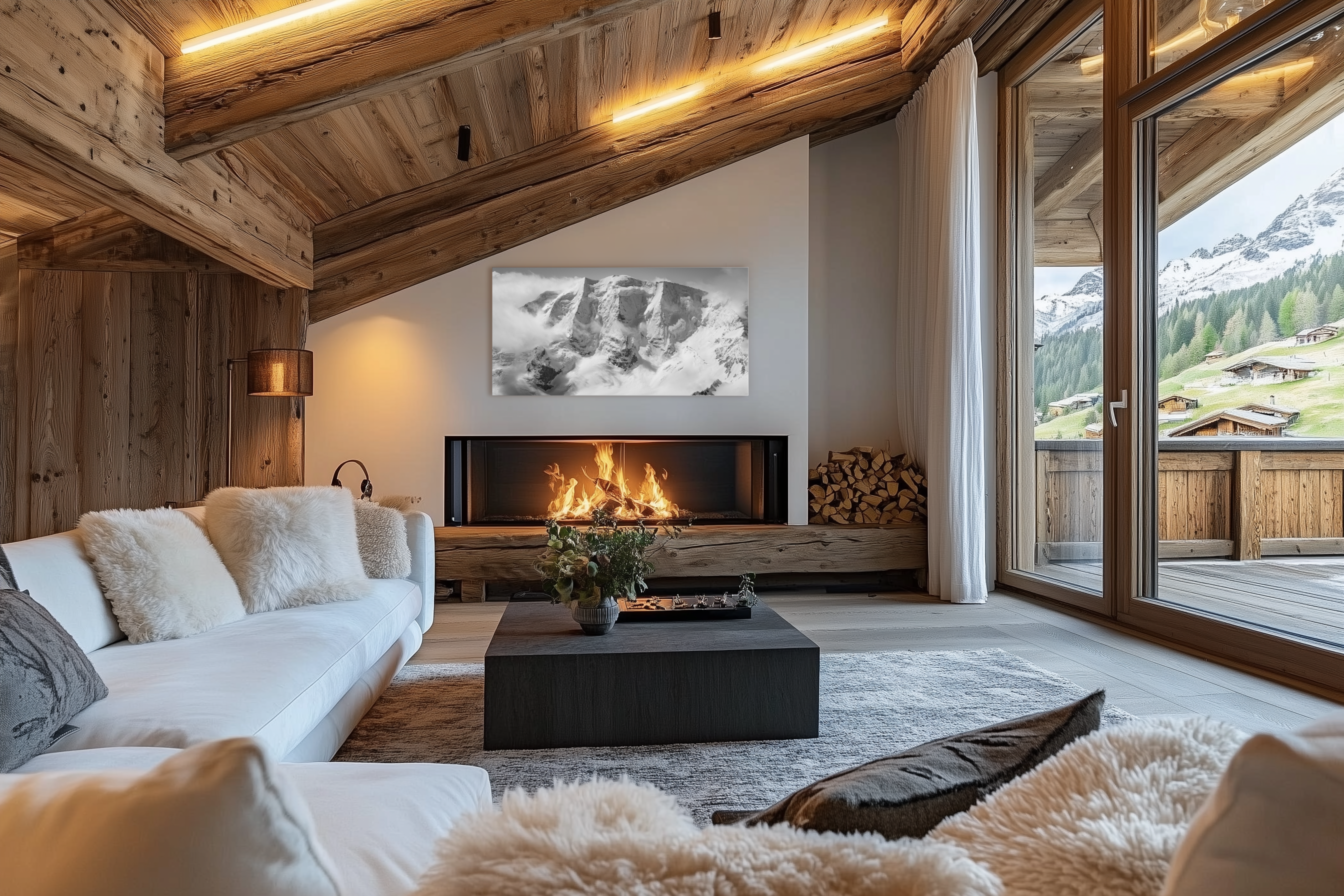 Piz Palu - Thomas Crauwels décoration salon chalet moderne - intérieur petit chalet suisse - photo montagne noir et blanc grand format - Piz Palu