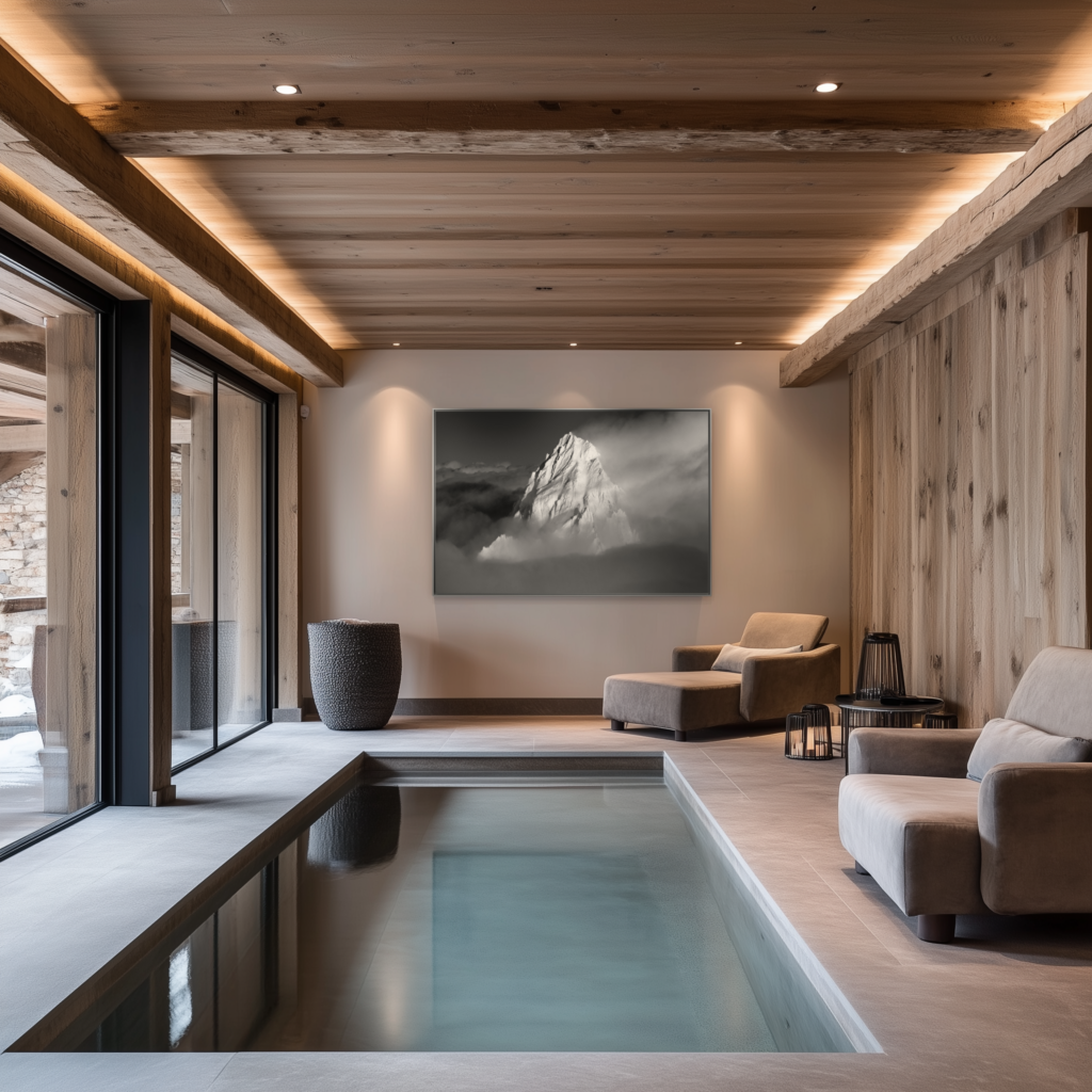 Aiguille du Chardonnet - SPA - Chalet decoration SPA modern chalet - interior small swiss chalet - black and white mountain photo large size - Aiguille du Chardonnet