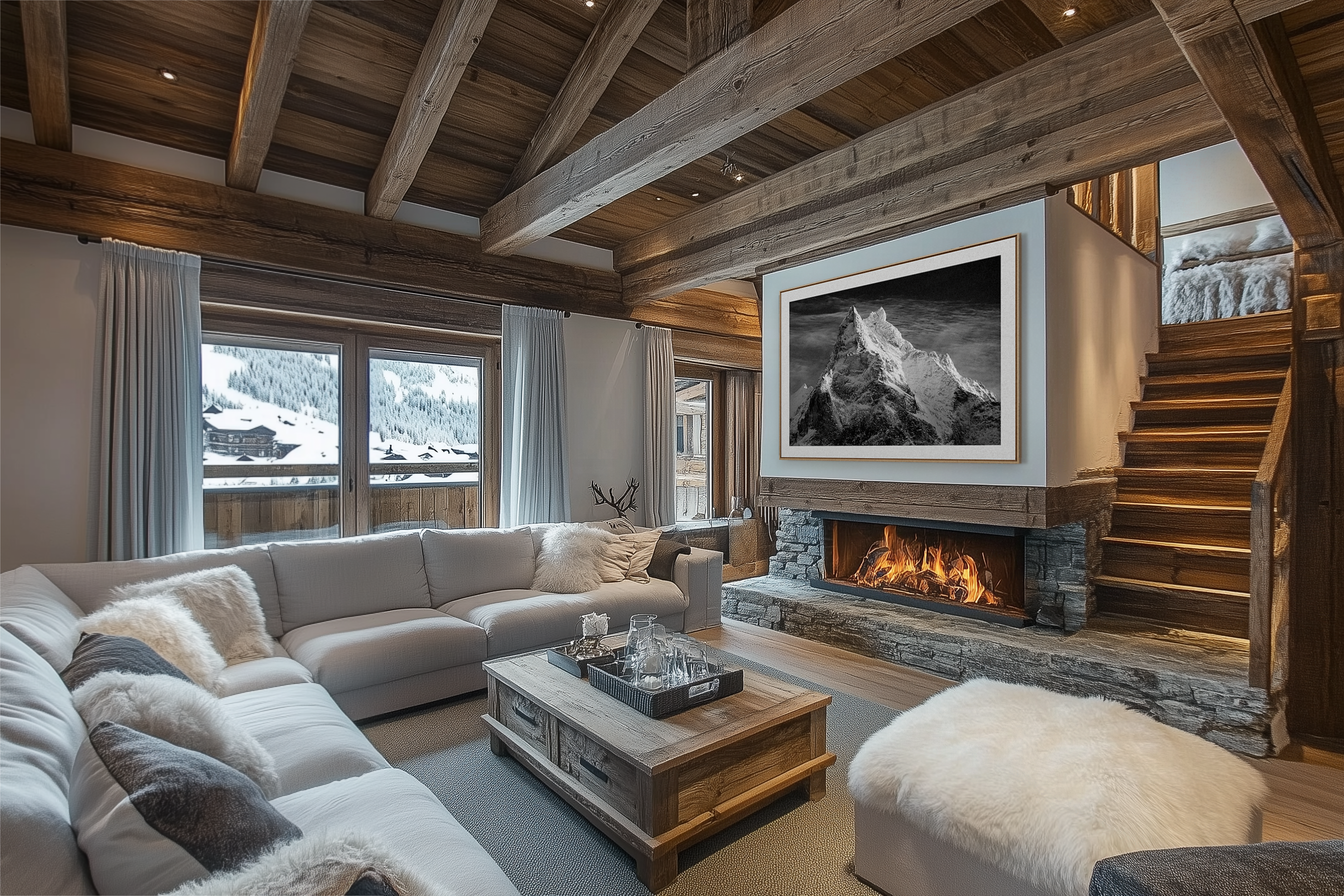 Besso - sommet Alpin Suisse décoration salon chalet moderne - intérieur petit chalet suisse - photo montagne noir et blanc grand format - Besso