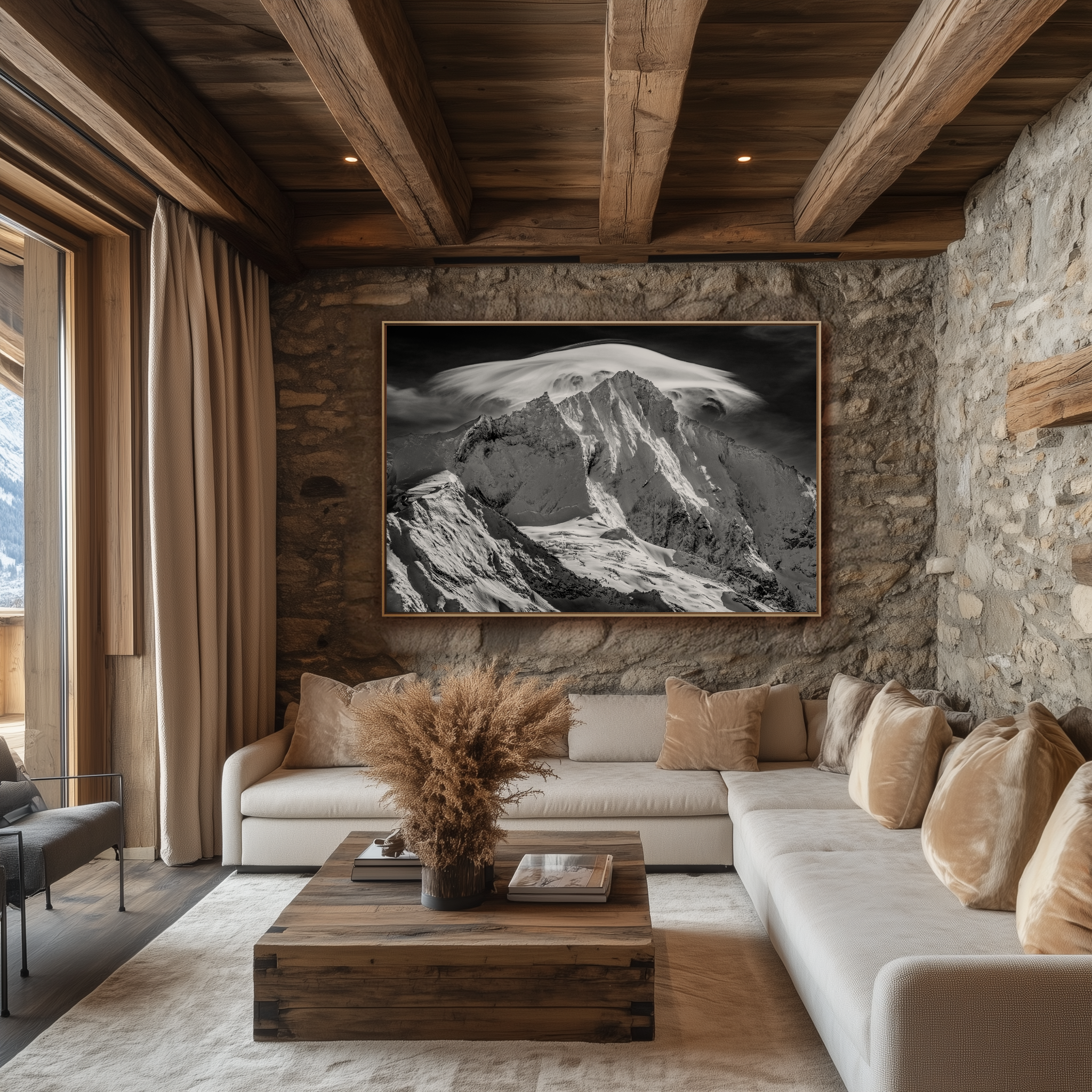 modern chalet living room decoration - small swiss chalet interior - large black and white mountain photo - Weisshorn