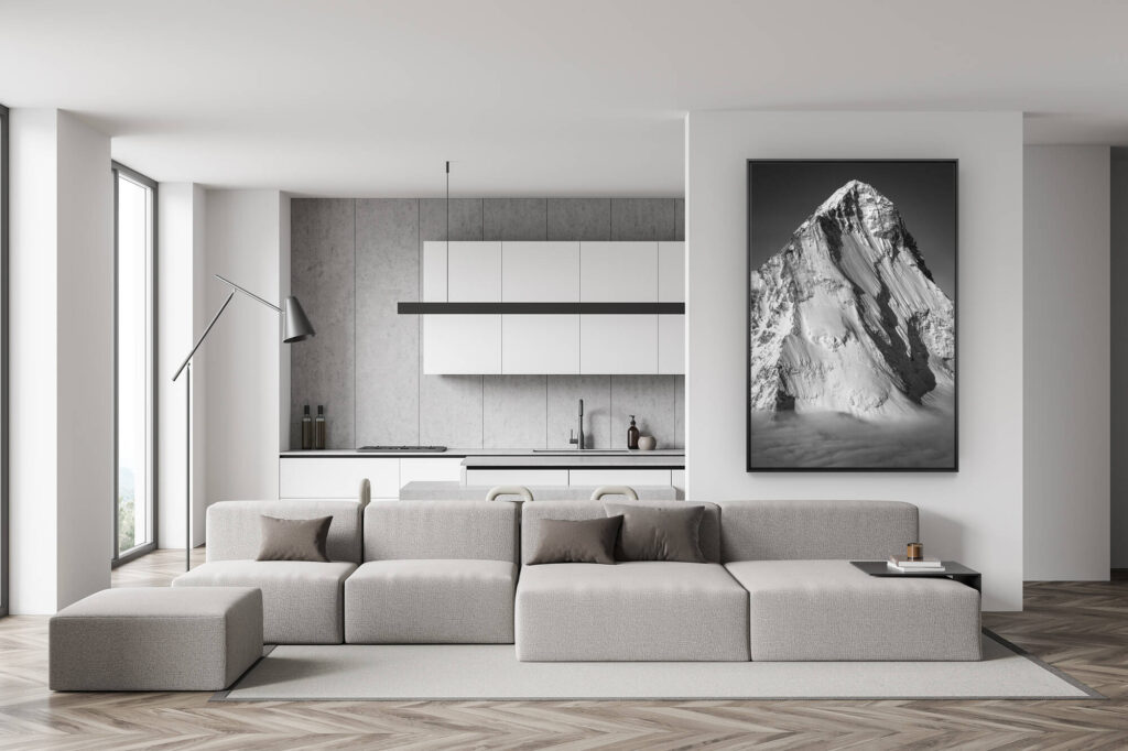 Swiss living room wall decoration - black and white mountain picture - trendy dining room decoration -