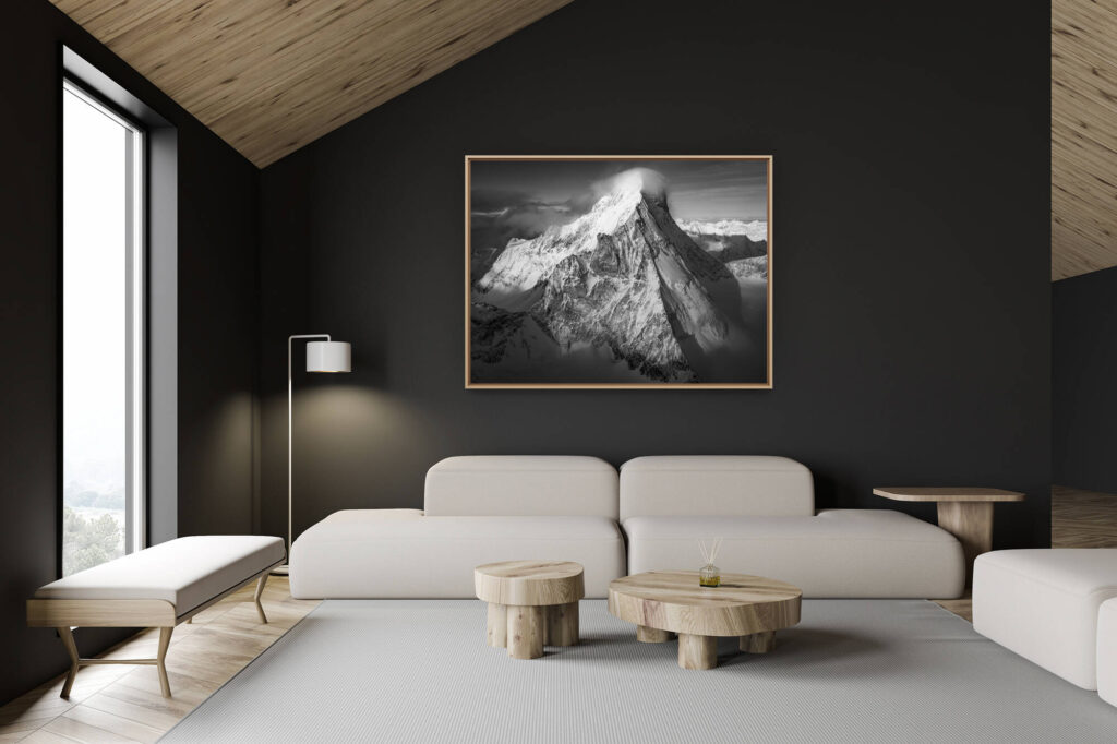 swiss chalet decoration - swiss chalet interior - large mountain picture -