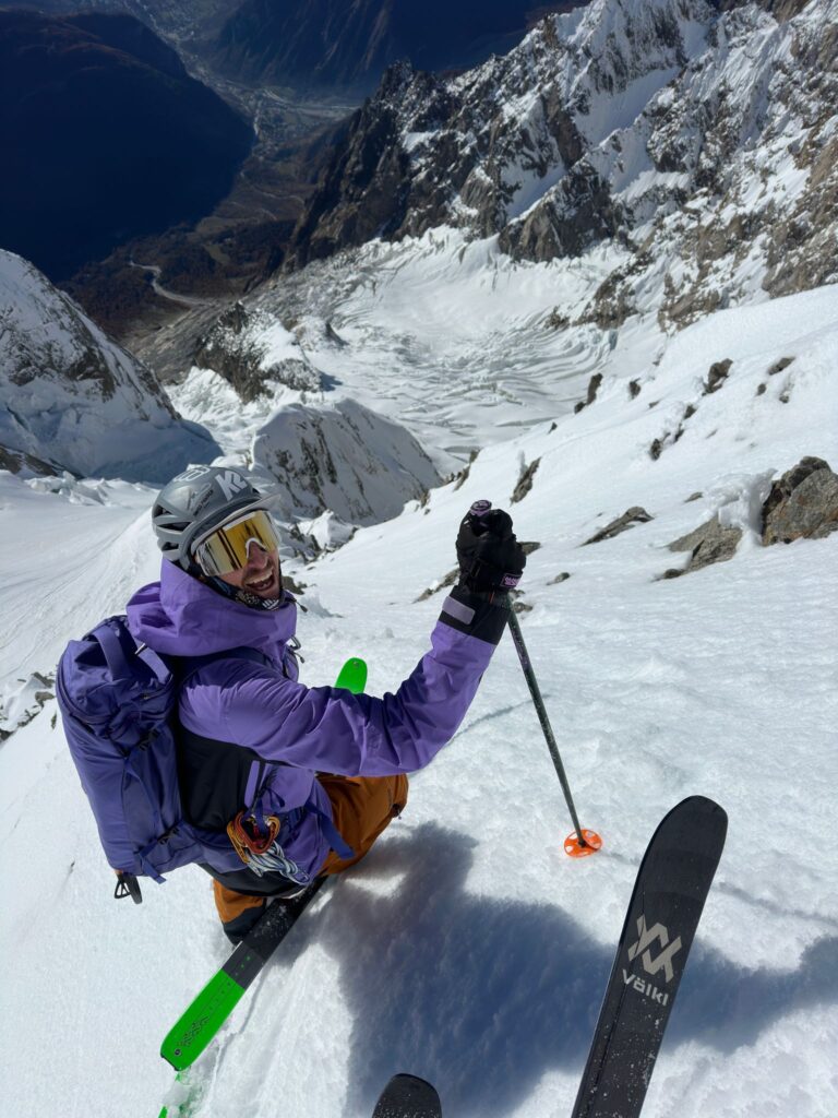 Gilles Sierro ready to ski the steep slope of the Grandes Jorasses, overlooking the Chamonix valley