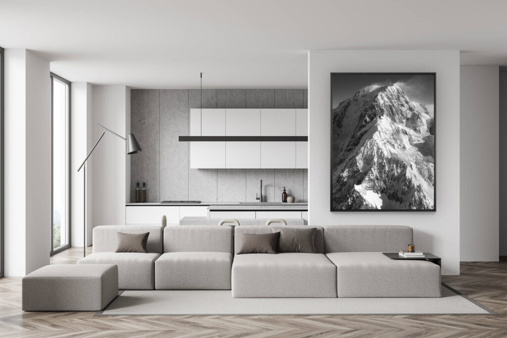 décoration murale salon suisse - photo montagne noir et blanc - déco salle à manger tendance -