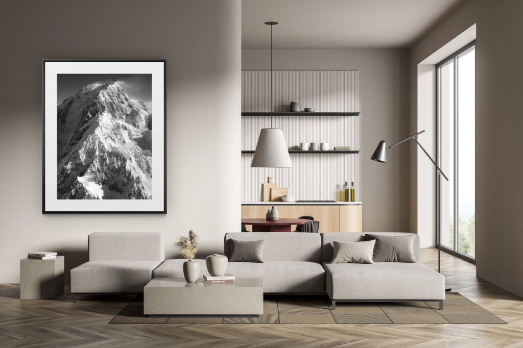 déco tendance salon moderne - photo montagne noir et blanc grand format -