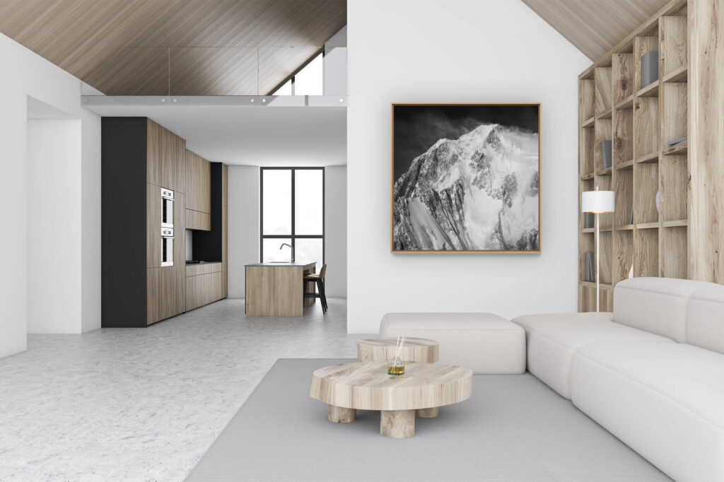 luxury chalet wall decoration - black and white mountain photo -