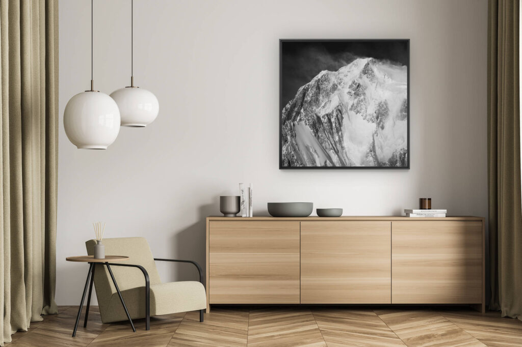 Wanddekoration Wohnzimmer - Foto-Tafel Berg Schweizer Alpen schwarz-weiß -.