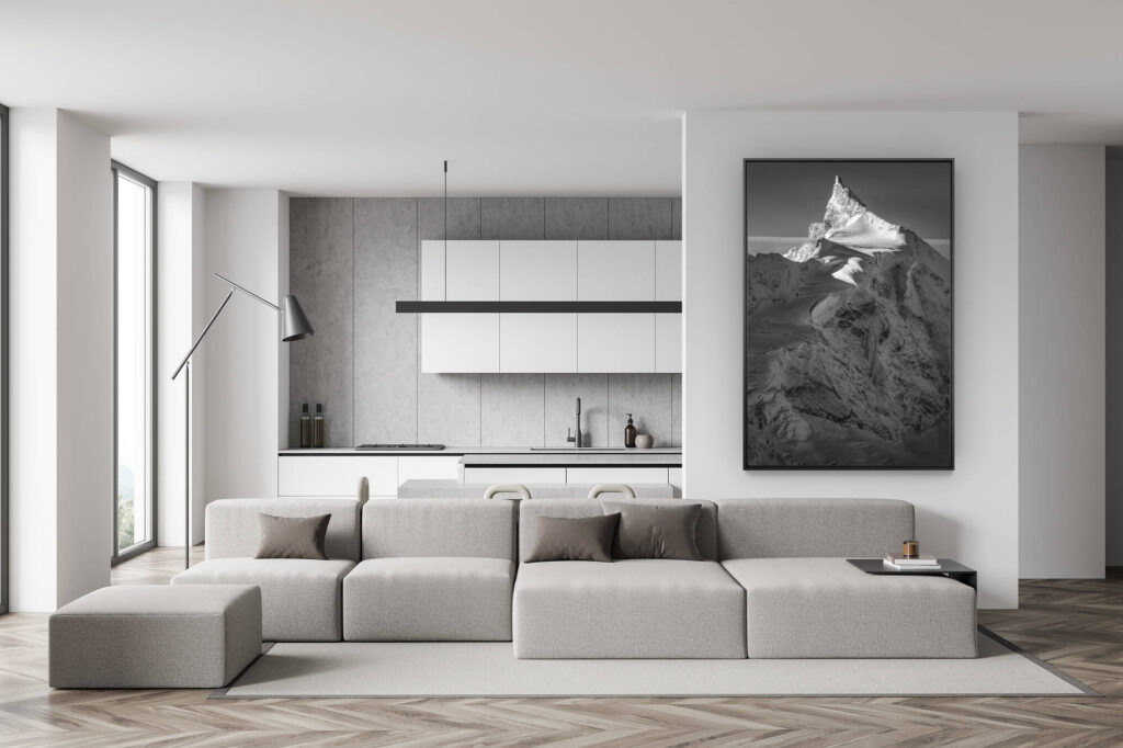 Swiss living room wall decoration - black and white mountain picture - trendy dining room decoration -