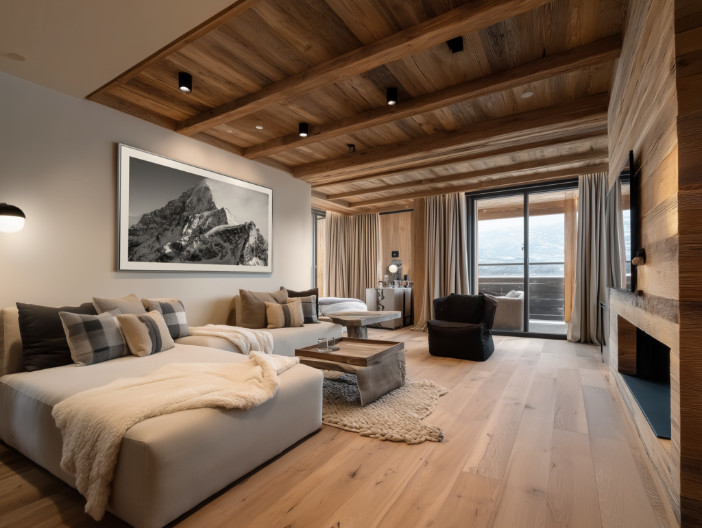 Dent Blanche en majesté : L’art photographique au service d’un intérieur de chalet d’exception décoration salon chalet moderne - intérieur petit chalet suisse - photo montagne noir et blanc grand format