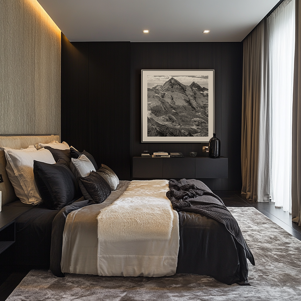 Photographie de montagne dans une chambre design : l’élégance minérale de la Dent Blanche Chambre élégante avec décoration contemporaine et photographie en noir et blanc de la Dent Blanche accrochée au mur sombre.