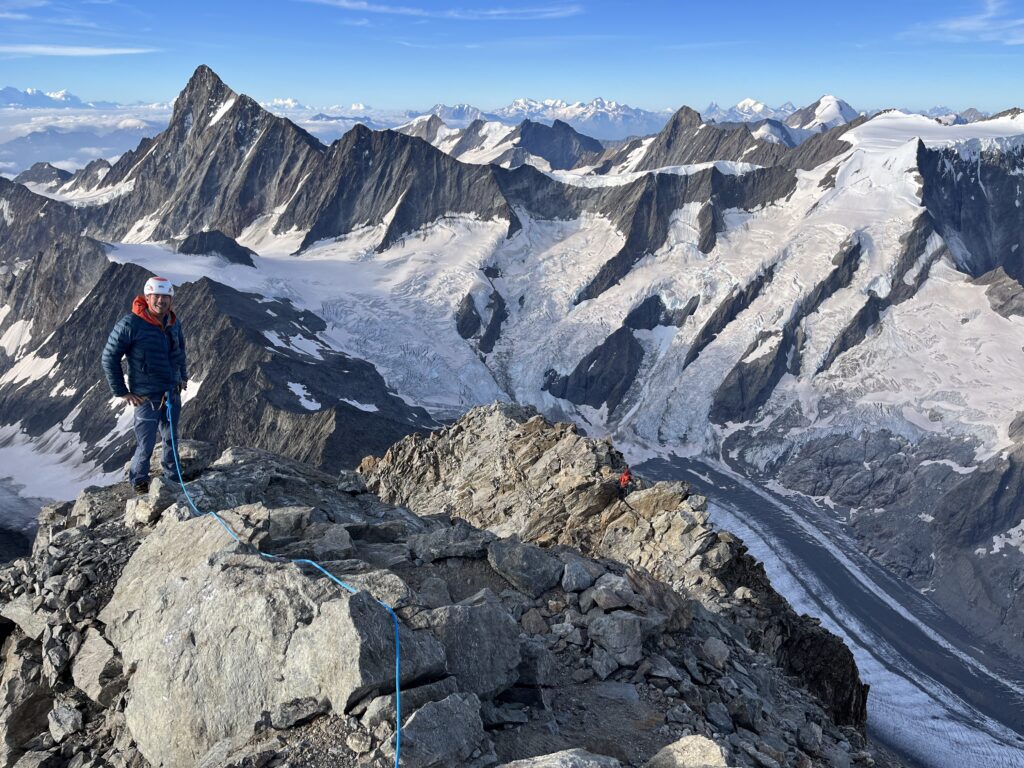 Final descent to Schreckhornhütte, the final stage of an extraordinary traverse.