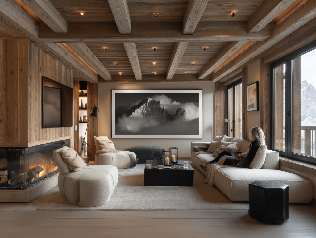 Salon chaleureux rénové avec élégance, sublimé par une photographie grand format de montagne signée Thomas Crauwels.