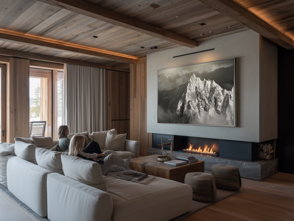 Intérieur contemporain d'un chalet suisse avec décoration moderne et photographie alpine noir et blanc
