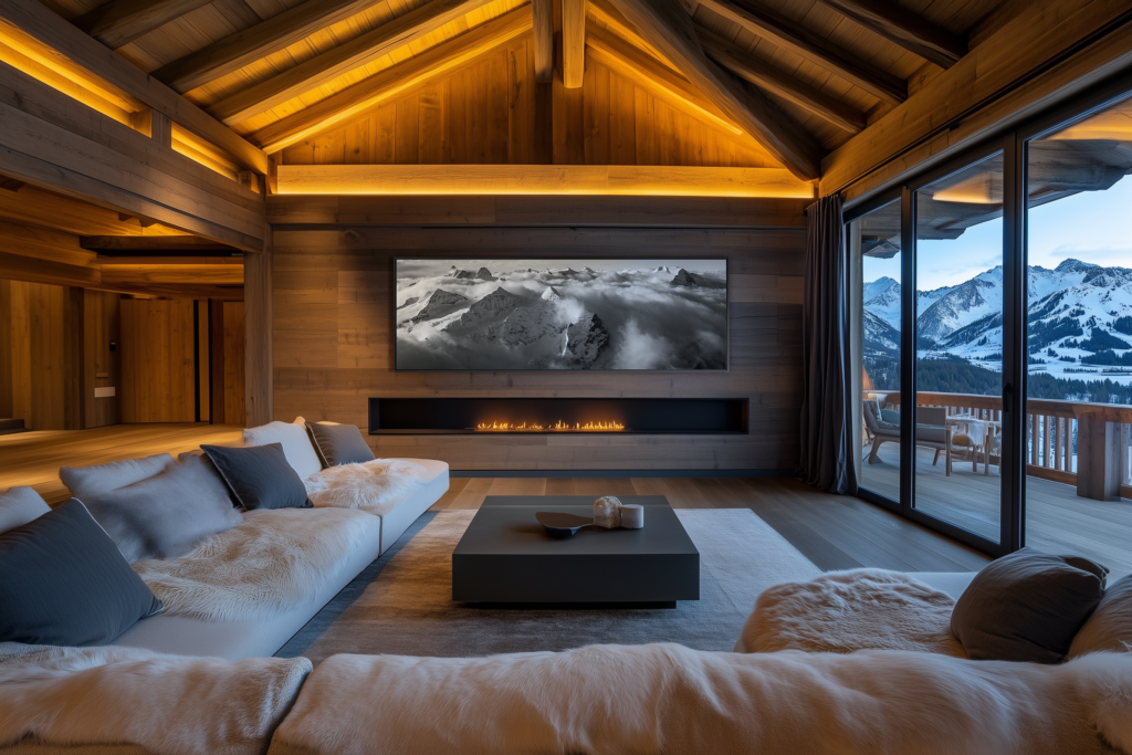 Small Swiss chalet: modern living room decorated with a large black-and-white mountain photo