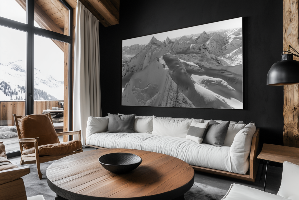 modern chalet living room decoration - small swiss chalet interior - large black and white mountain photos 
