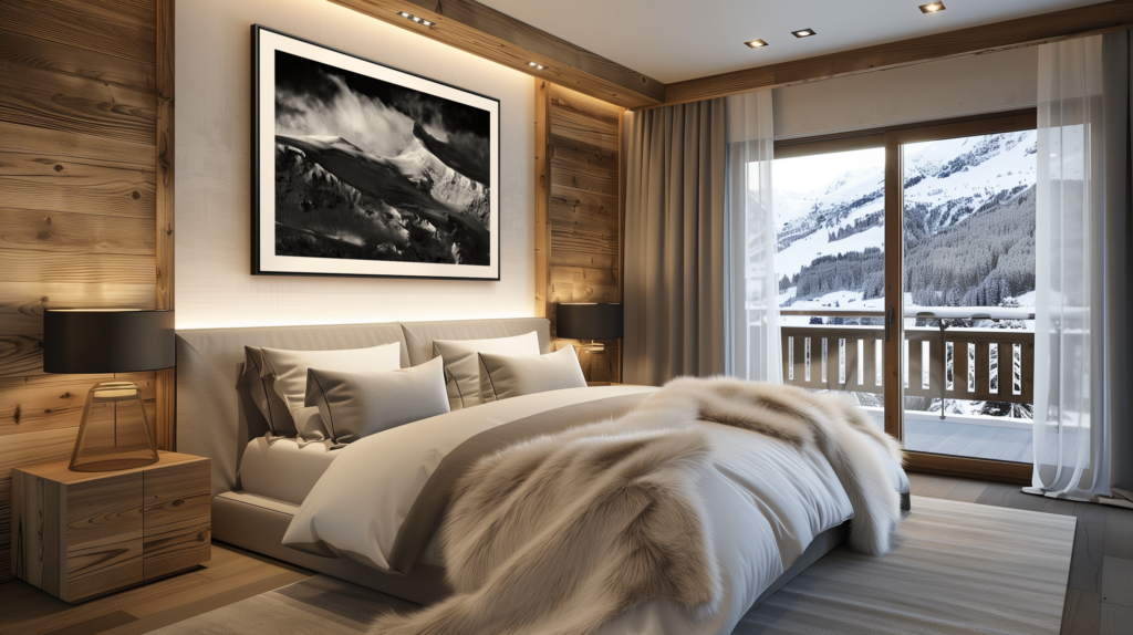 decorating a room in a renovated Swiss chalet - large panoramic mountain photo 