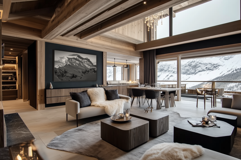 contemporary Swiss chalet interior with modern decor and black-and-white alpine photography
