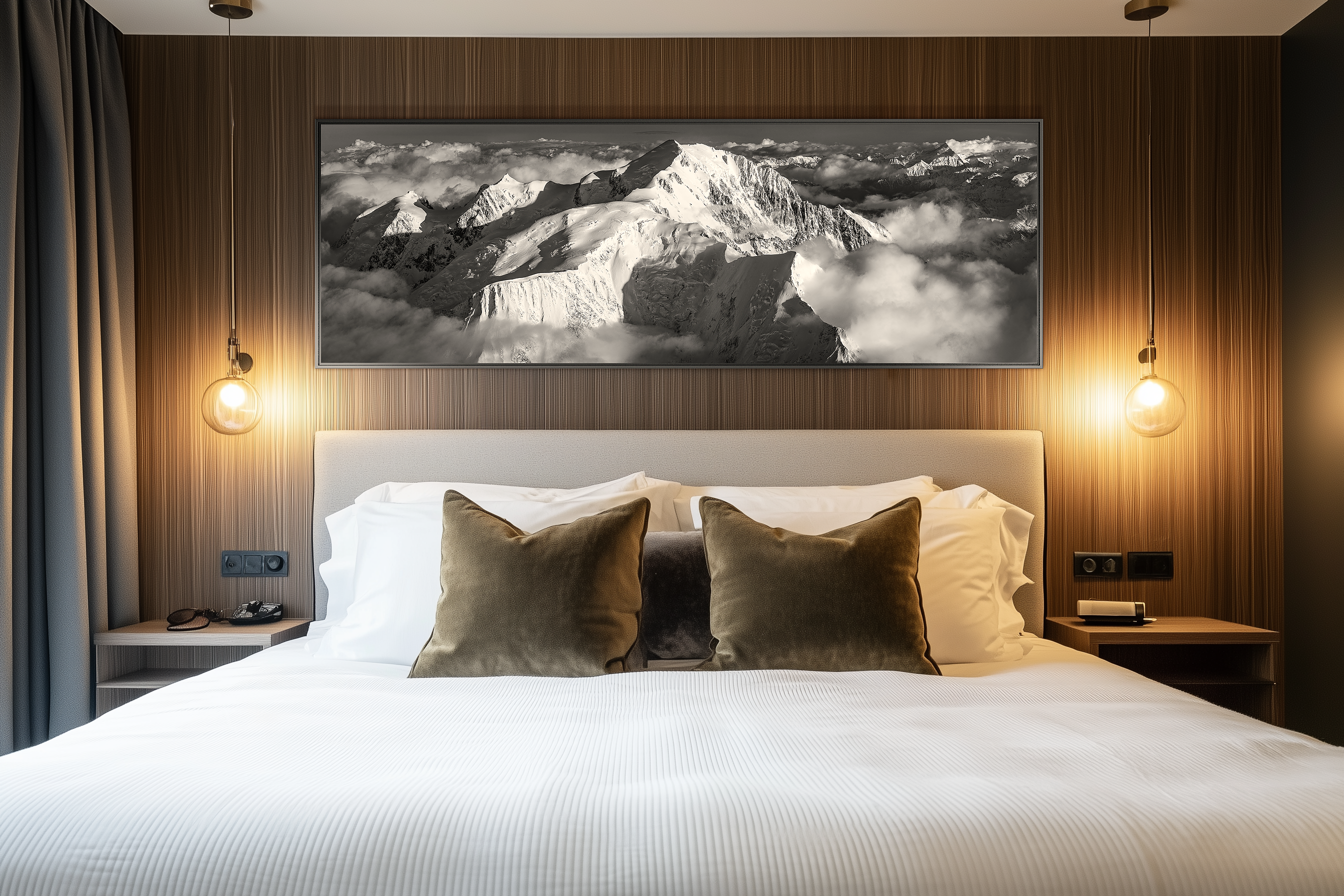 decorating a room in a renovated Swiss chalet - large panoramic mountain photo