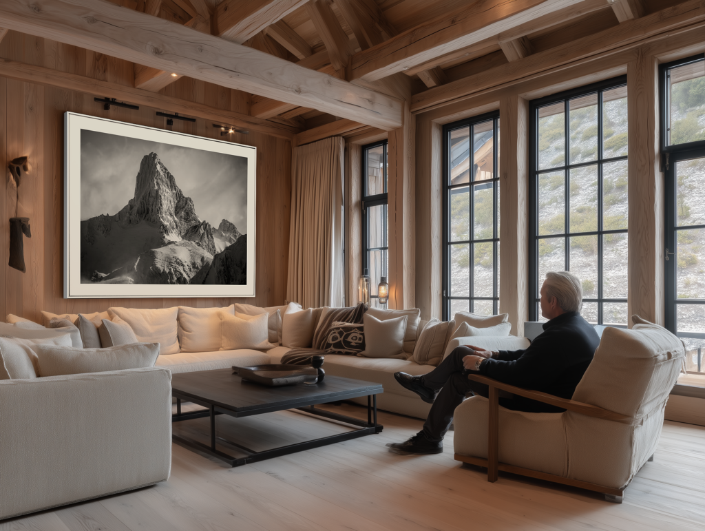 modern chalet living room decoration - small swiss chalet interior - large black and white mountain photos