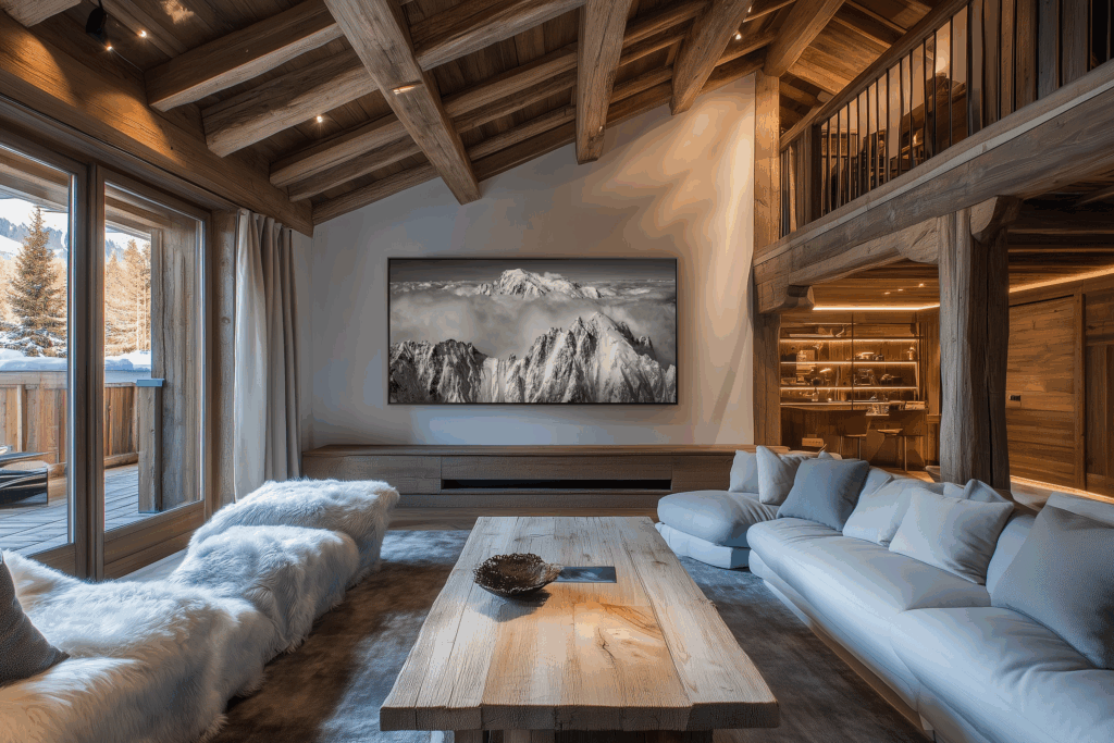 In this prestigious chalet, a black-and-white mountain photo becomes the centerpiece, underscoring the harmony between discreet luxury, refined comfort and authentic alpine spirit.