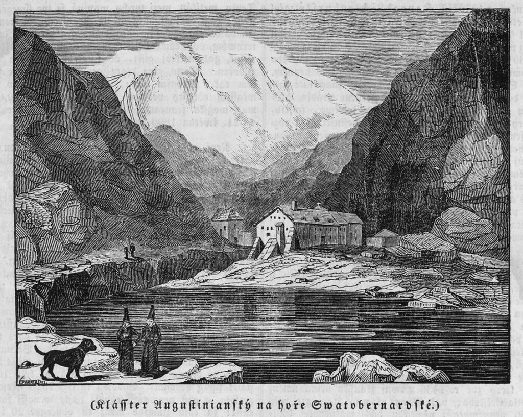 Illustration de l'Hospice du Grand Saint-Bernard en 1835, avec montagnes enneigées en arrière-plan
