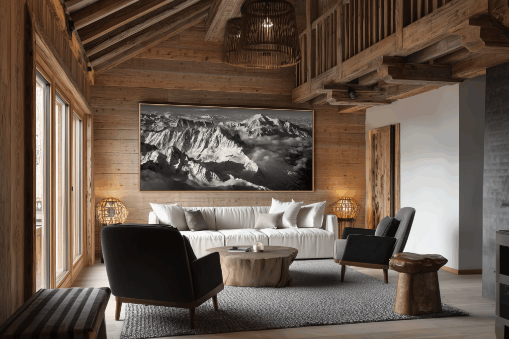 Black and white wall art transforms this chalet living room into a unique space, where modern comfort meets the nobility of Alpine materials.