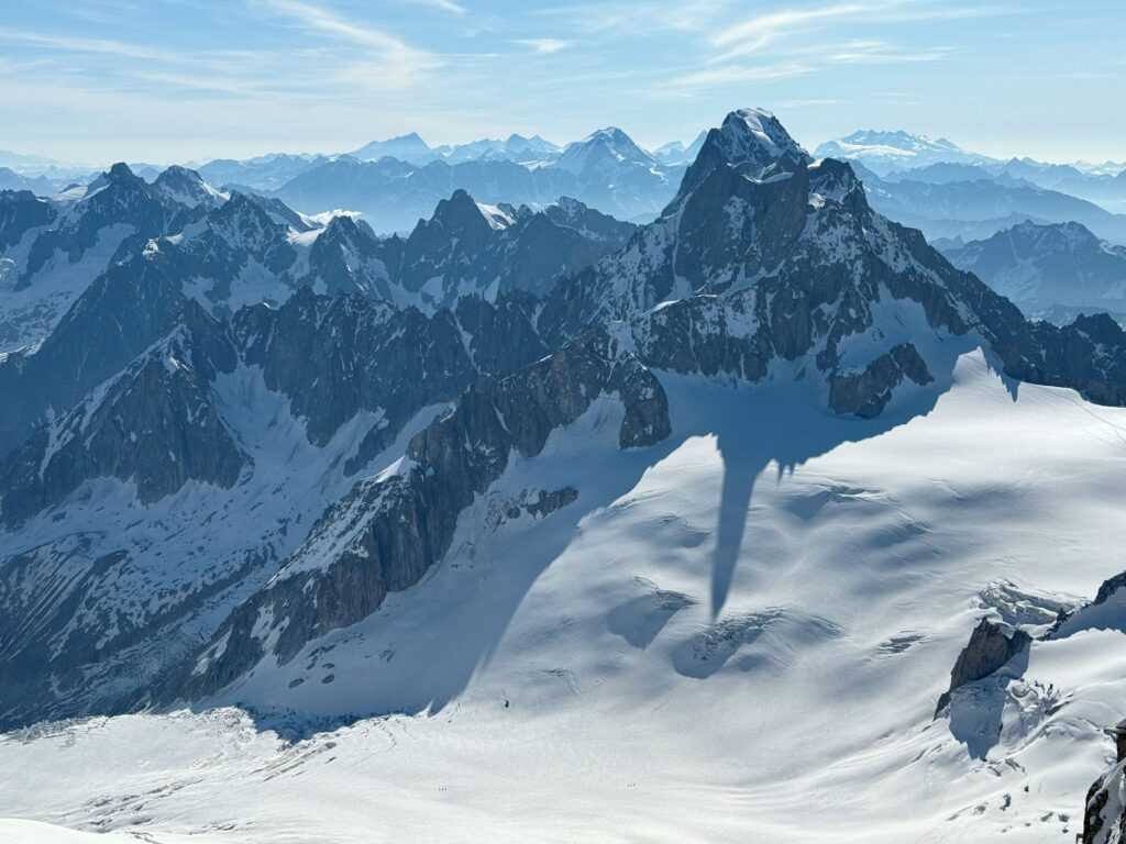 View of the glacier and mountains of the Mont Blanc massif from the Aiguilles du Diables traverse