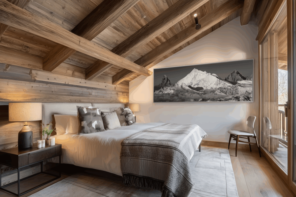 In the subtle harmony of wood and stone, the celestial citadels - Matterhorn, Dent Blanche and Weisshorn - extend the soul of the mountains into the intimacy of the chalet.