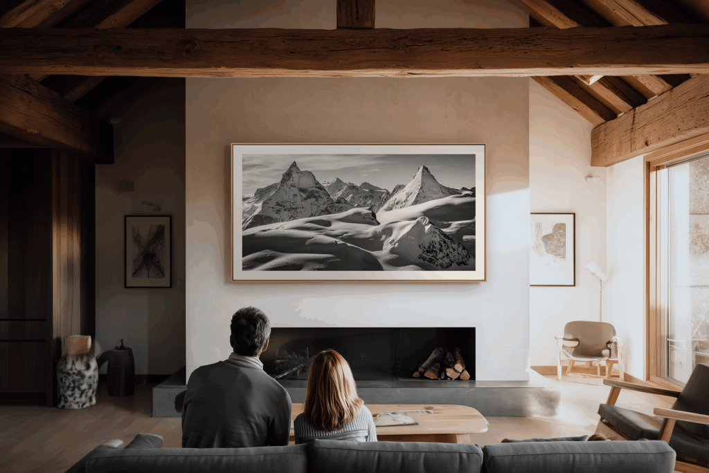 In the spirit of the Val d'Hérens chalets, the Alpine giants - the Matterhorn and the Dent d'Hérens - take center stage, uniting nature and interior.
